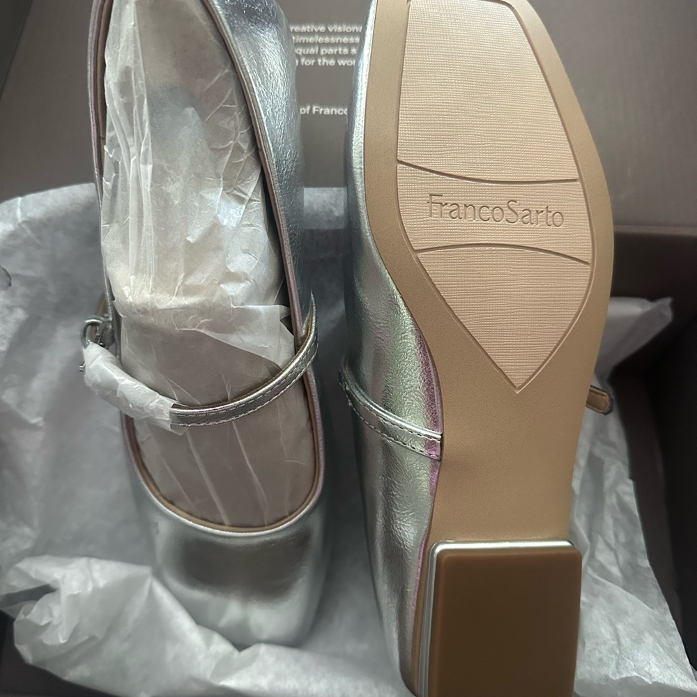 Franco Sarto Mary Jane ballet flats. Square toe. Silver. New in box! Size 6
